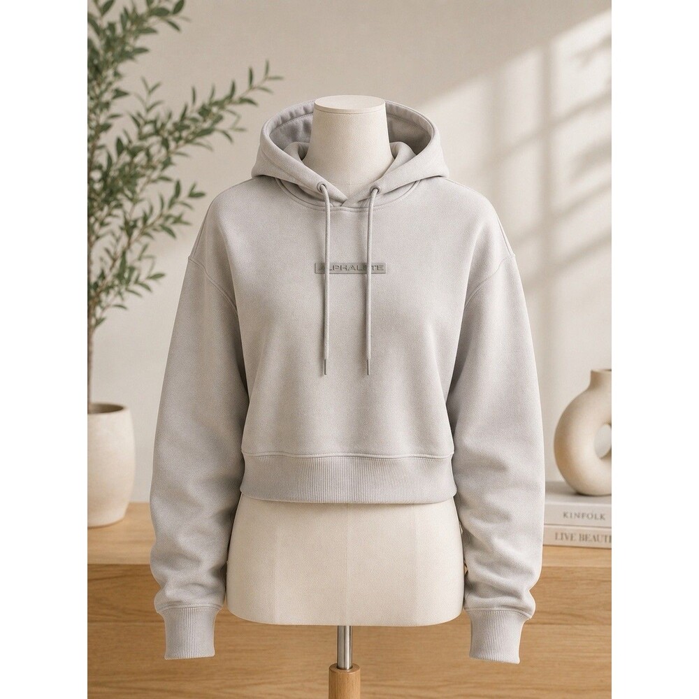 Alphalete Gray Pullover Cropped Hoodie Fleece Logo Women Medium